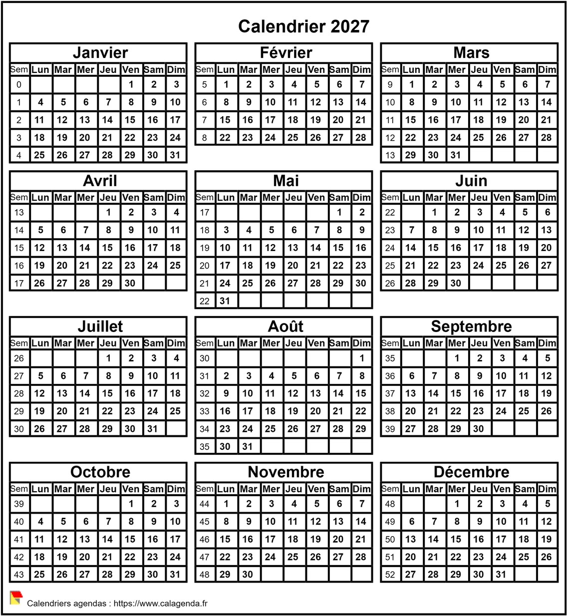 Calendrier 2027 format portrait