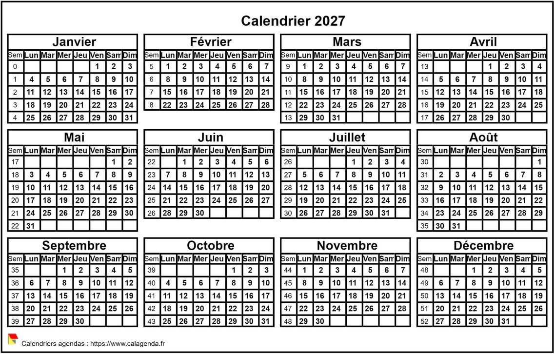Calendrier 2027 format paysage