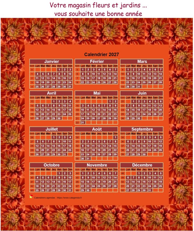 Calendrier 2027 annuel à imprimer, 3 colonnes, 4 lignes