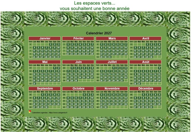 Calendrier 2027 décoratif annuel à imprimer, avec cadre photo vert