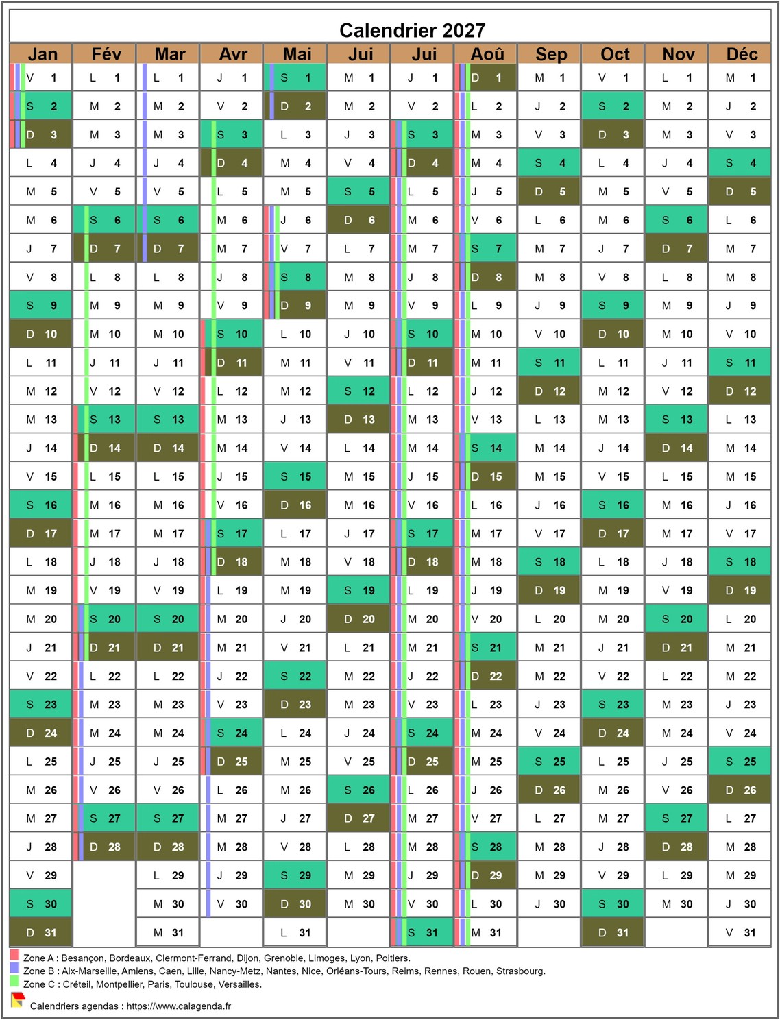 Calendrier 2027 annuel, 12 colonnes, avec les vacances scolaires Calendrier 2027 annuel, 12 colonnes, avec les vacances scolaires