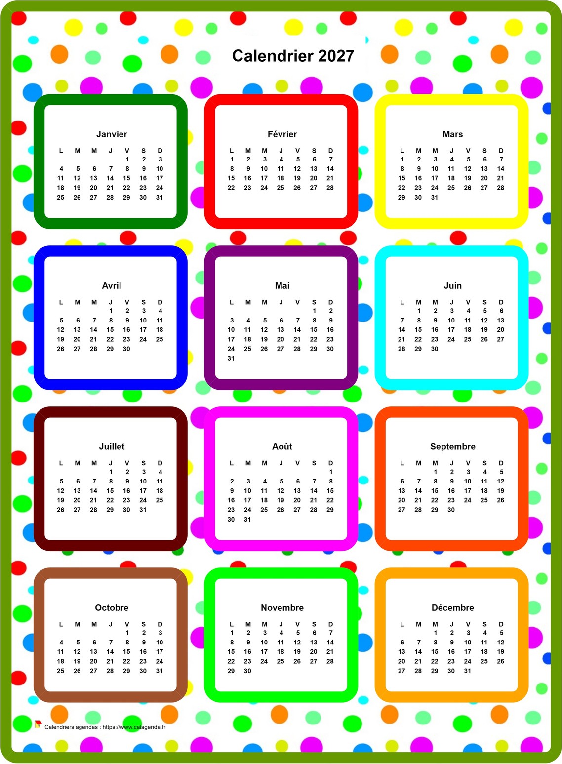 Calendrier 2027 annuel en couleurs