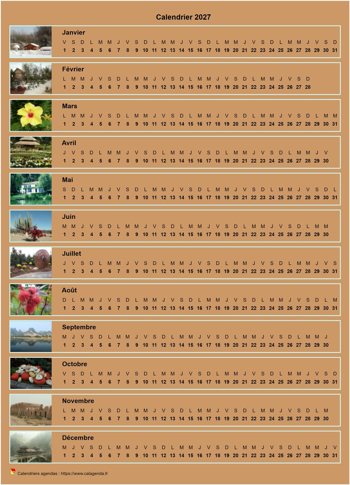 Calendrier 2027 annuel horizontal avec 12 photos
