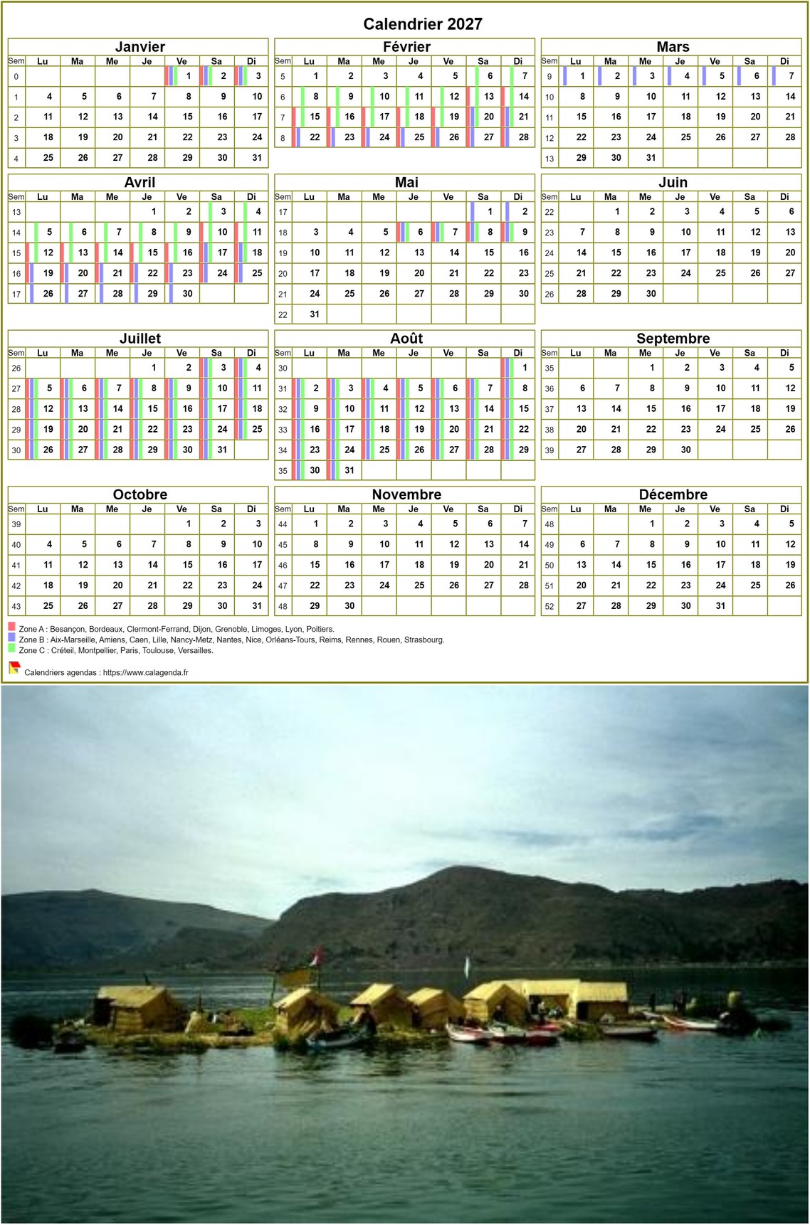Calendrier 2027 annuel, 3 colonnes, une ligne par trimestre (format portrait avec photo) Calendrier 2027 annuel, 3 colonnes, une ligne par trimestre (format portrait avec photo)