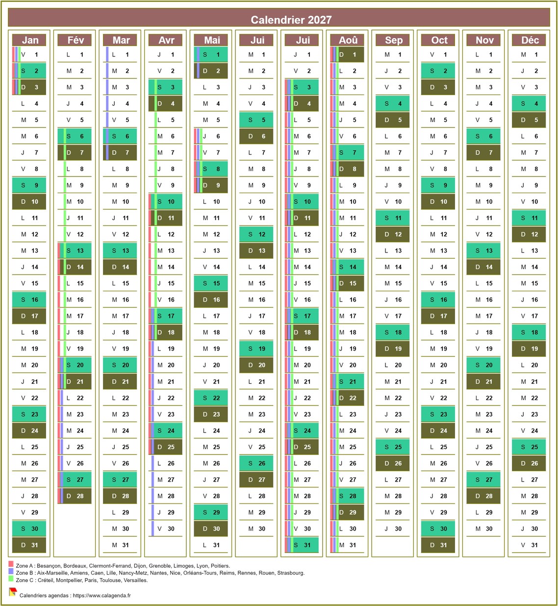 Calendrier 2027 annuel de 12 colonnes, avec agenda synthétique Calendrier 2027 annuel de 12 colonnes, avec agenda synthétique