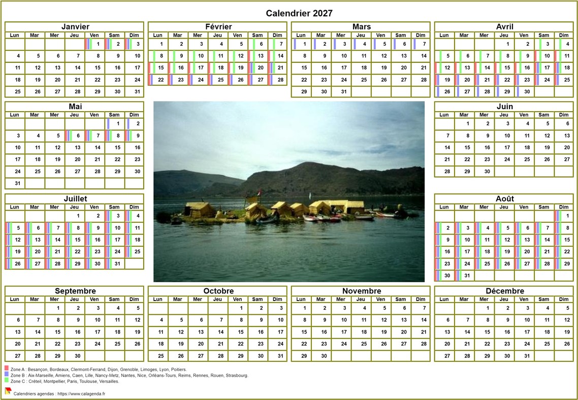 Calendrier 2027annuel avec photo, agenda synthétique, format paysage, sous-main ou mural Calendrier 2027annuel avec photo, agenda synthétique, format paysage, sous-main ou mural