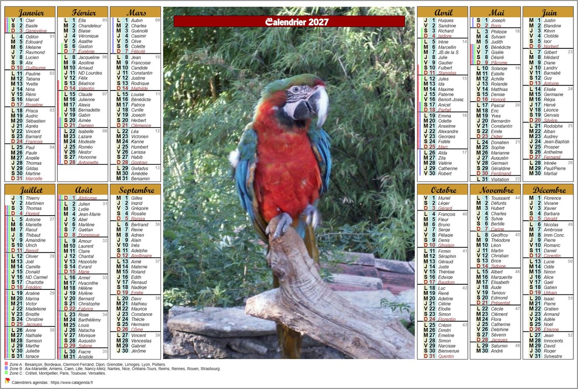 Calendrier 2027 annuel de six colonnes en format paysage