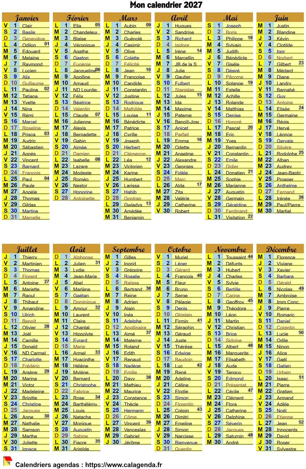 Calendrier de poche annuel de format 10X15