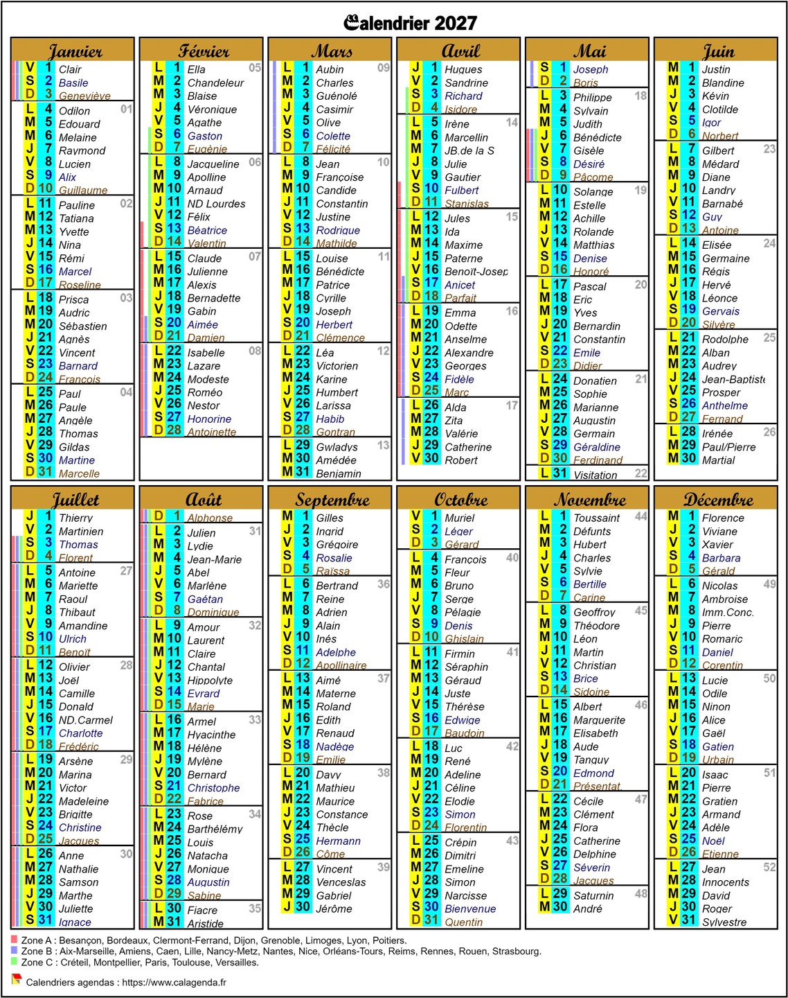 Agenda 2027 avec les vacances scolaires