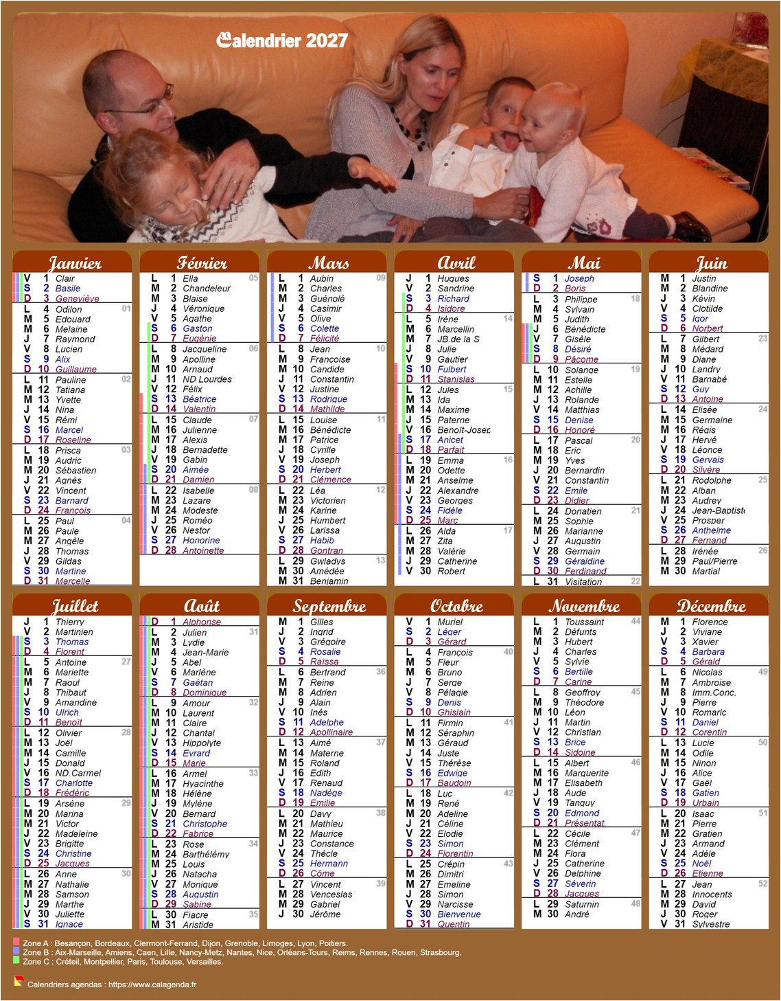 Calendrier 2027 annuel style calendrier des postes avec les vacances scolaires