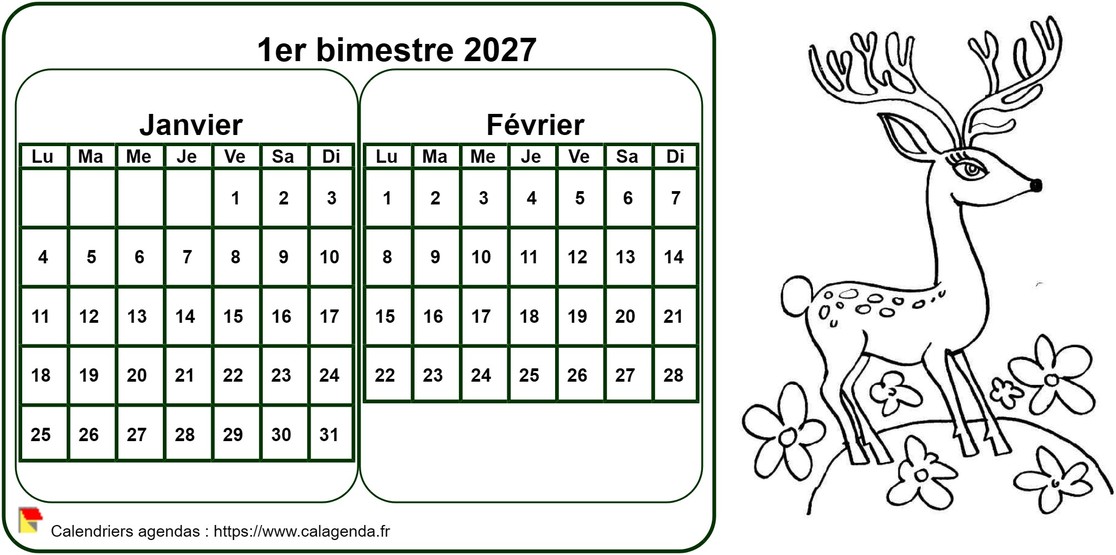 Calendrier 2027 à colorier bimestriel, format paysage, pour enfants