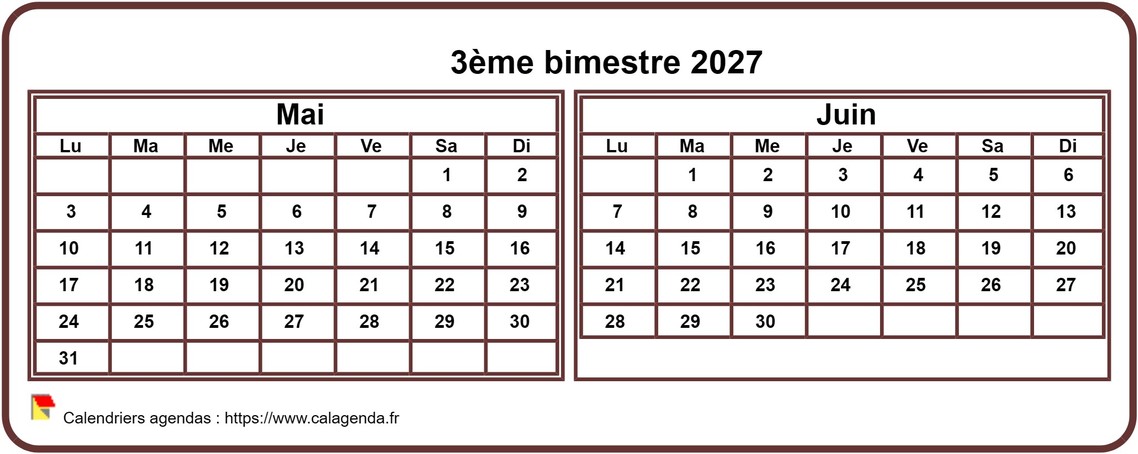 Calendrier 2027 à imprimer bimestriel, format mini de poche, horizontal, fond blanc