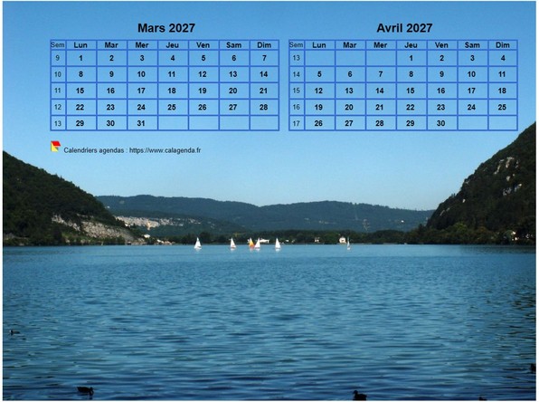 Calendrier 2027 décoratif à imprimer, bimestriel, format paysage, incrusté sur la partie haute d'une photo