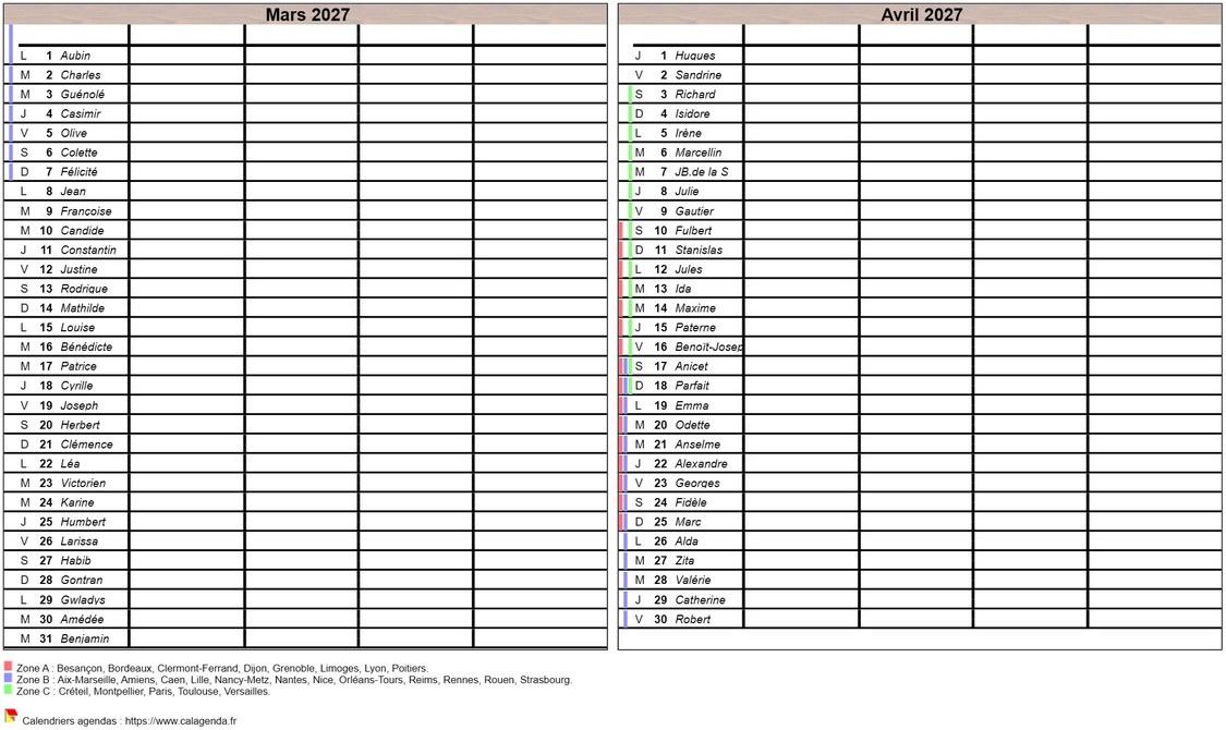 Calendrier 2027 planning bimestriel vierge, format portrait, 4 colonnes, avec les fêtes