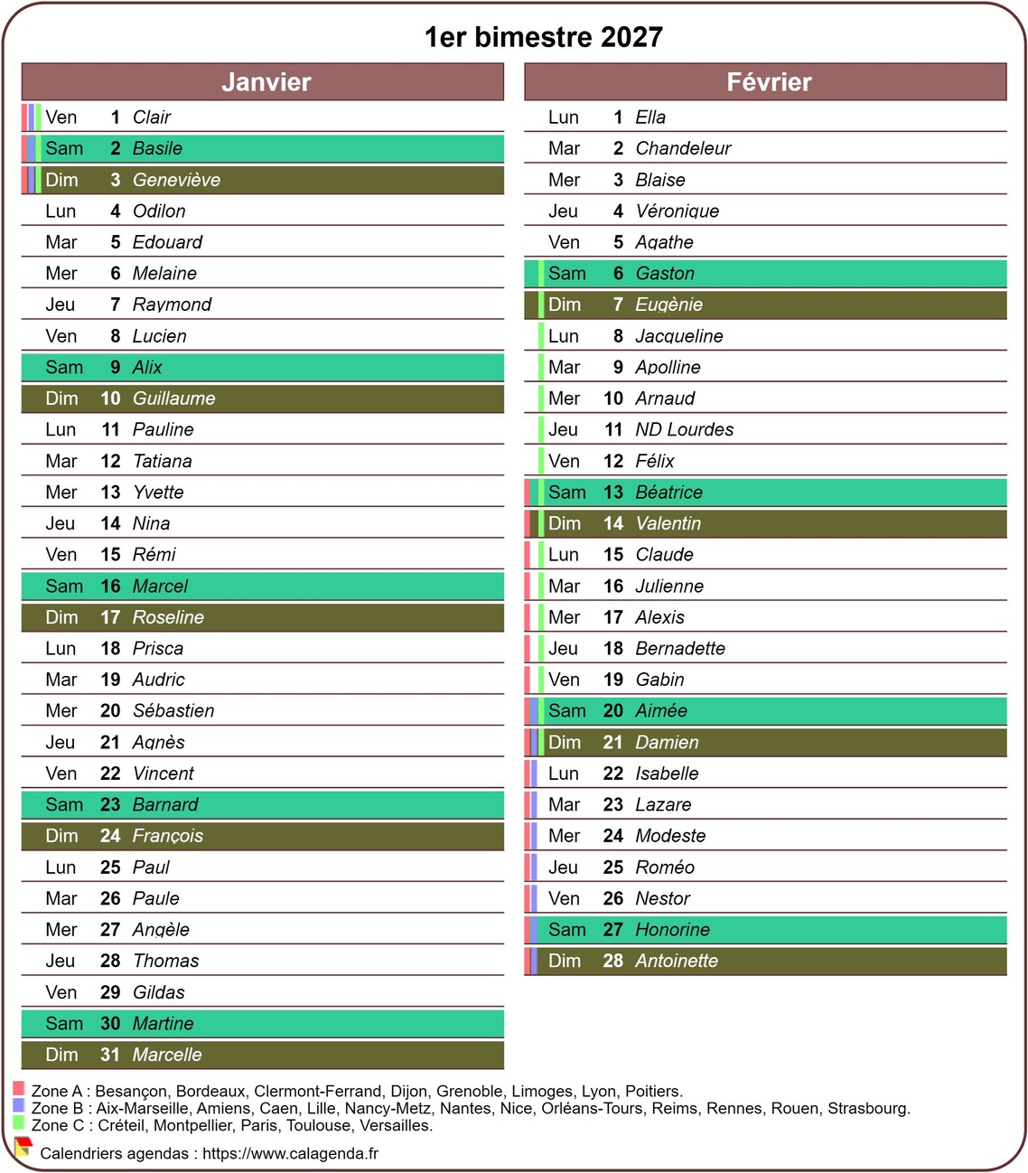Calendrier 2027 bimestriel avec agenda détaillé, format portrait, une colonne par mois