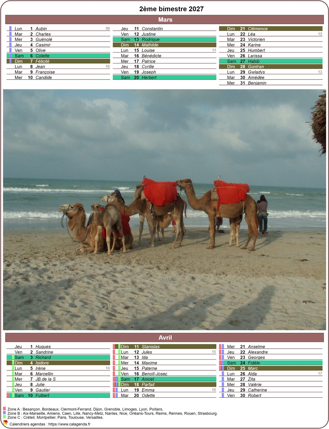 Calendrier 2027 bimestriel en décades avec photo