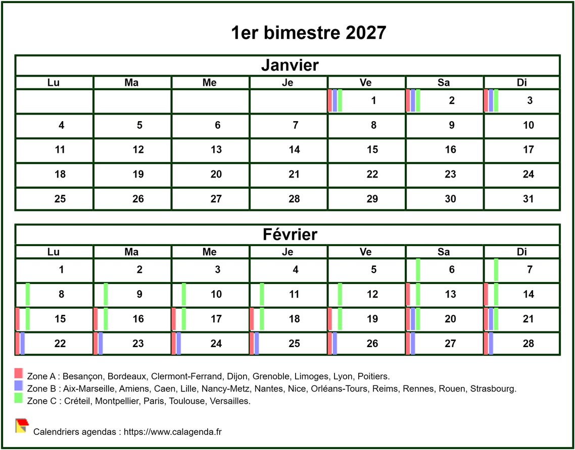 Calendrier 2027 à imprimer bimestriel, format mini de poche, avec les vacances scolaires