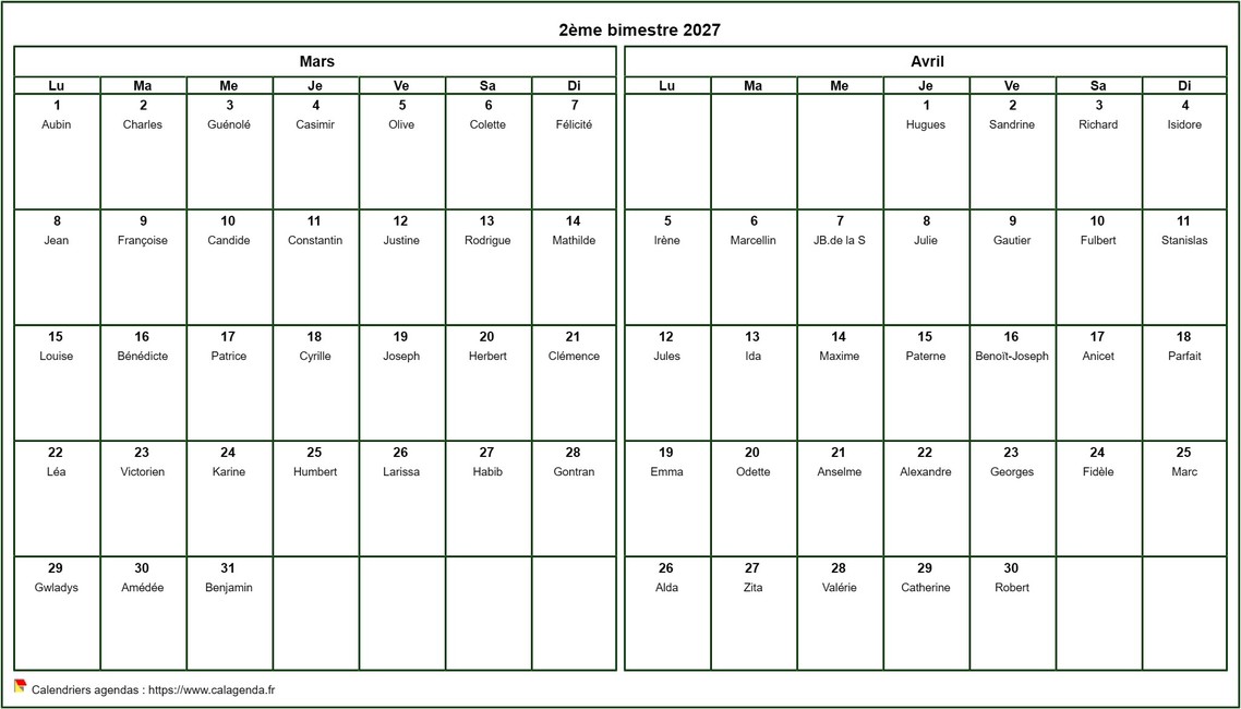 Calendrier 2027 bimestriel, format paysage, avec les fêtes