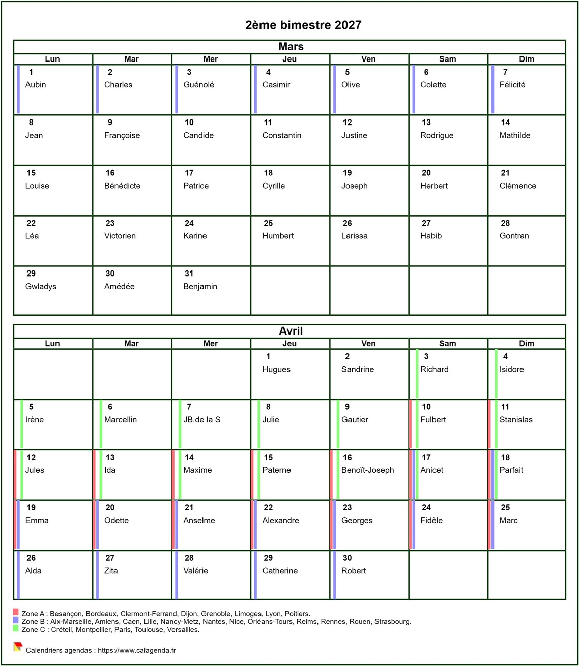 Calendrier 2027 bimestriel, format portrait, avec les fêtes et les vacances scolaires