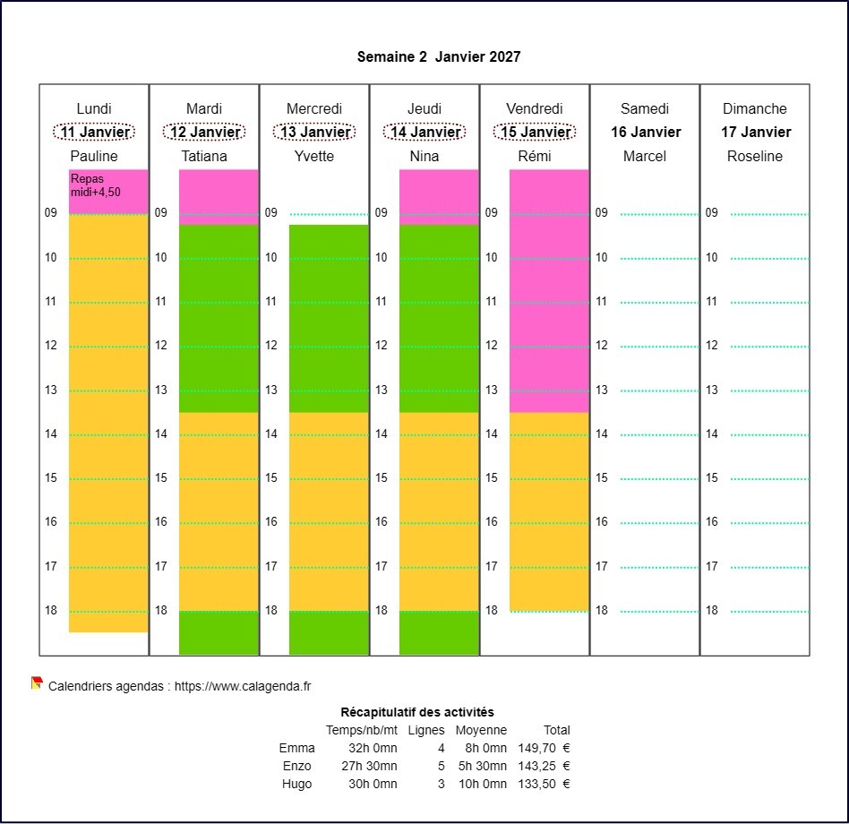 Calendrier planning horizontal hebdomadaire