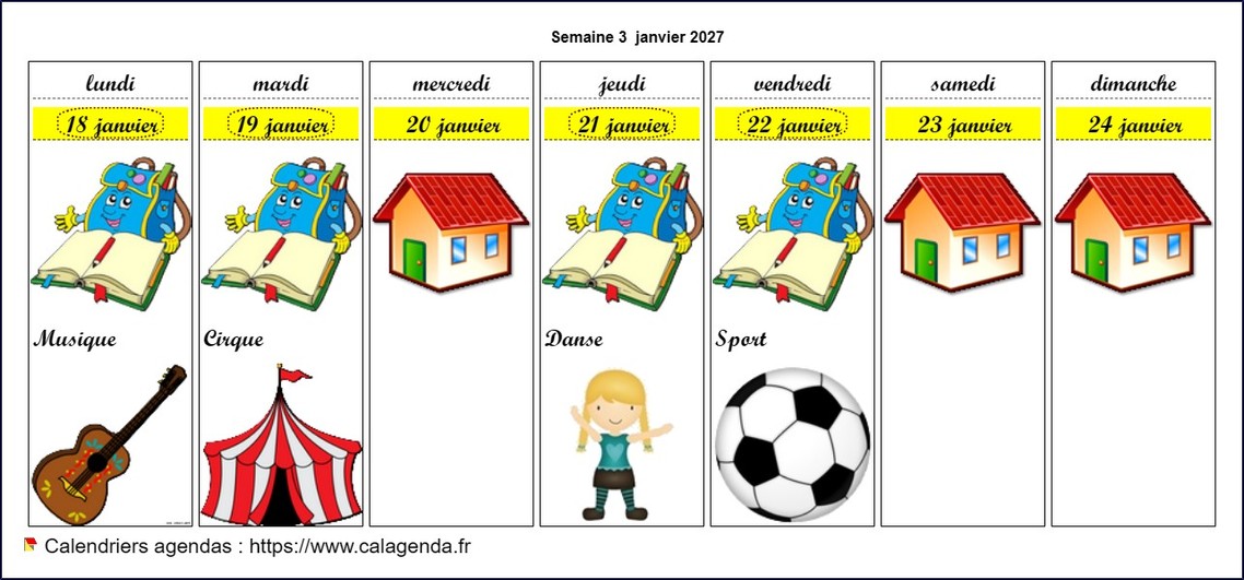 Calendrier 2027 hebdomadaire pour les écoles maternelles