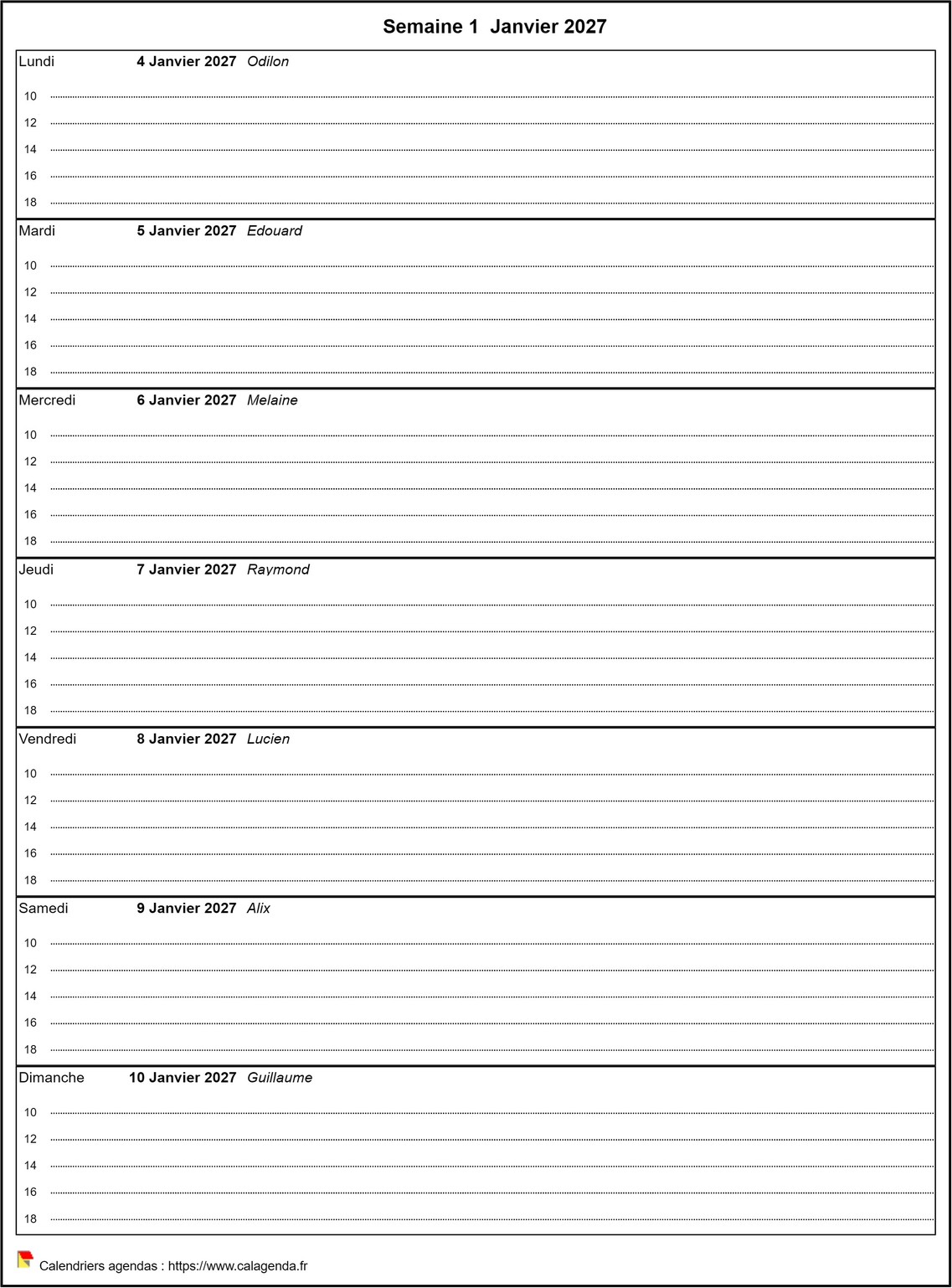 Calendrier hebdomadaire de format portrait avec grille horaire