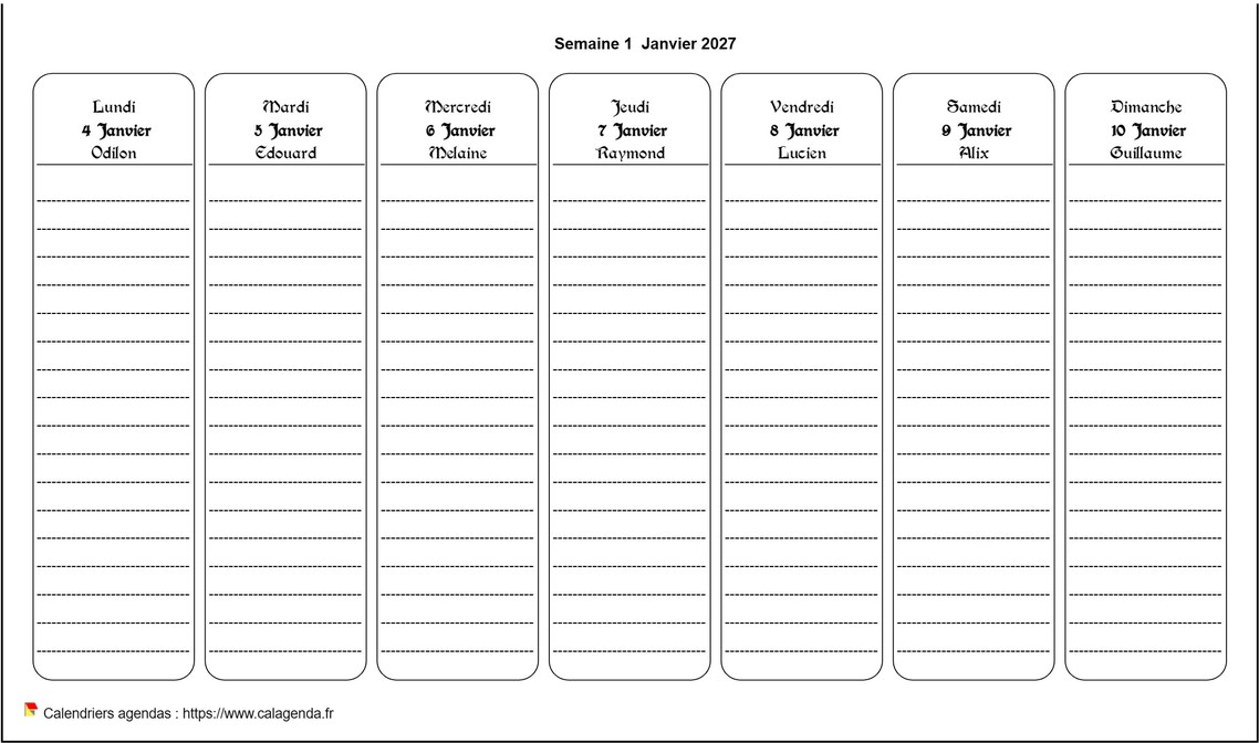 Calendrier hebdomadaire à imprimer de format paysage