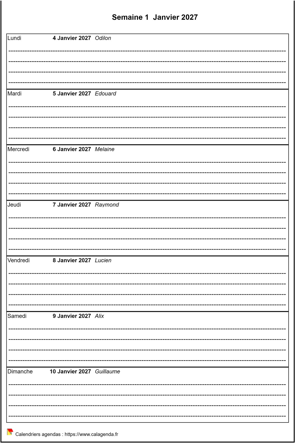Calendrier hebdomadaire à imprimer de format portrait