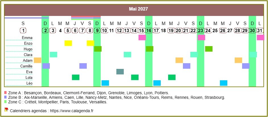 Calendrier 2027 planning horizontal mensuel