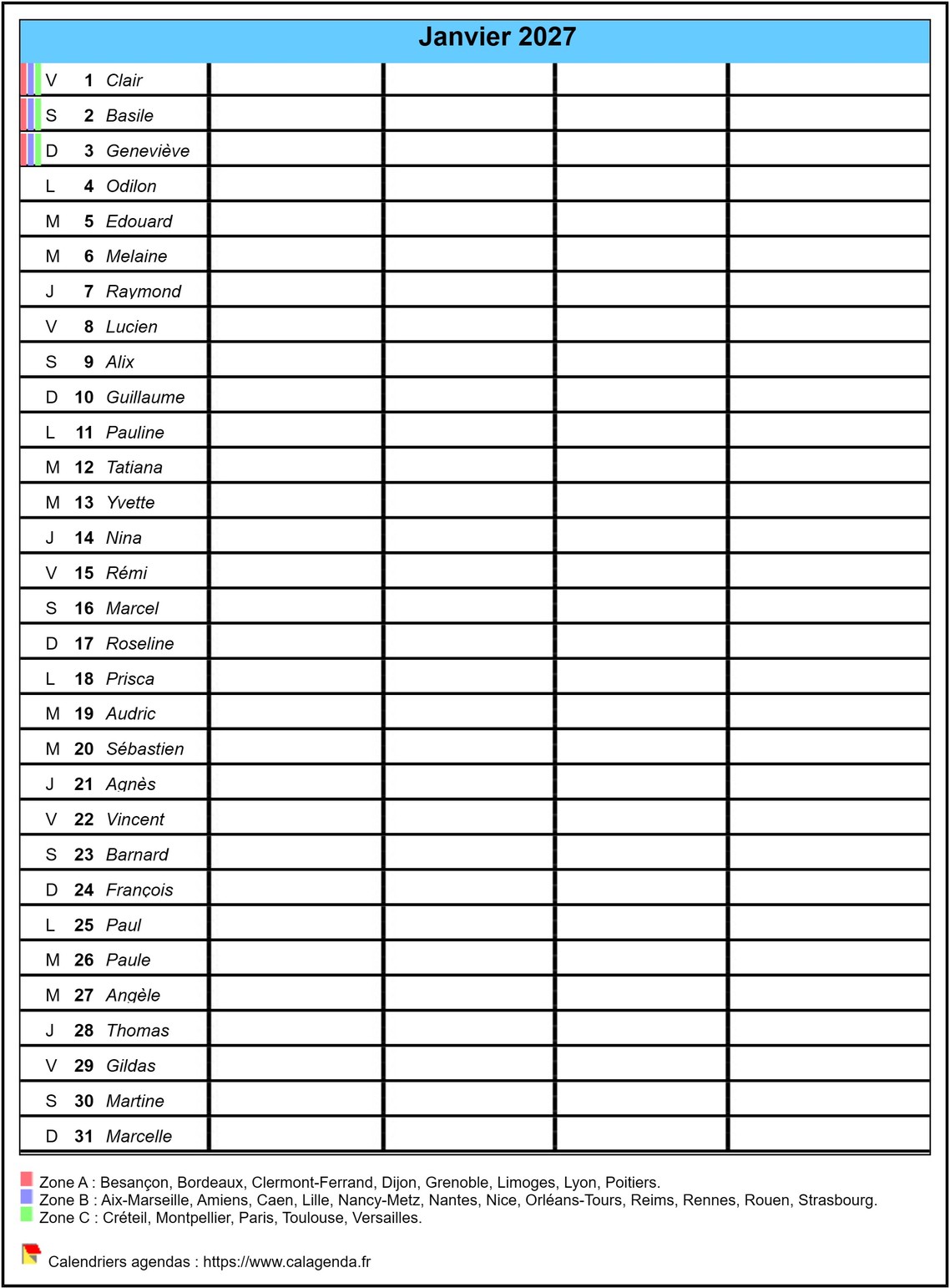 Calendrier planning mensuel 2027 vierge, format portrait, avec les fêtes