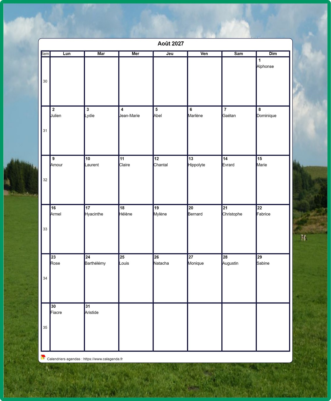 Calendrier 2027 décoratif à imprimer, mensuel , format portrait, avec une photo