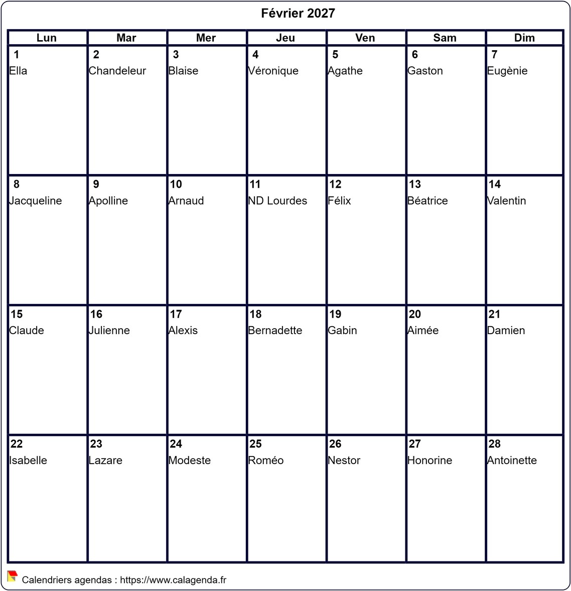 Calendrier a imprimer gratuit 2027 mois par mois