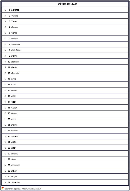 Calendrier mensuel 2027, agenda détaillé, format portrait, avec les fêtes