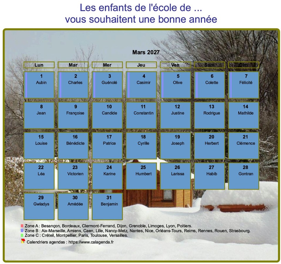 Calendrier 2027 agenda mensuel artistique avec photo et légende, paysage hivernal