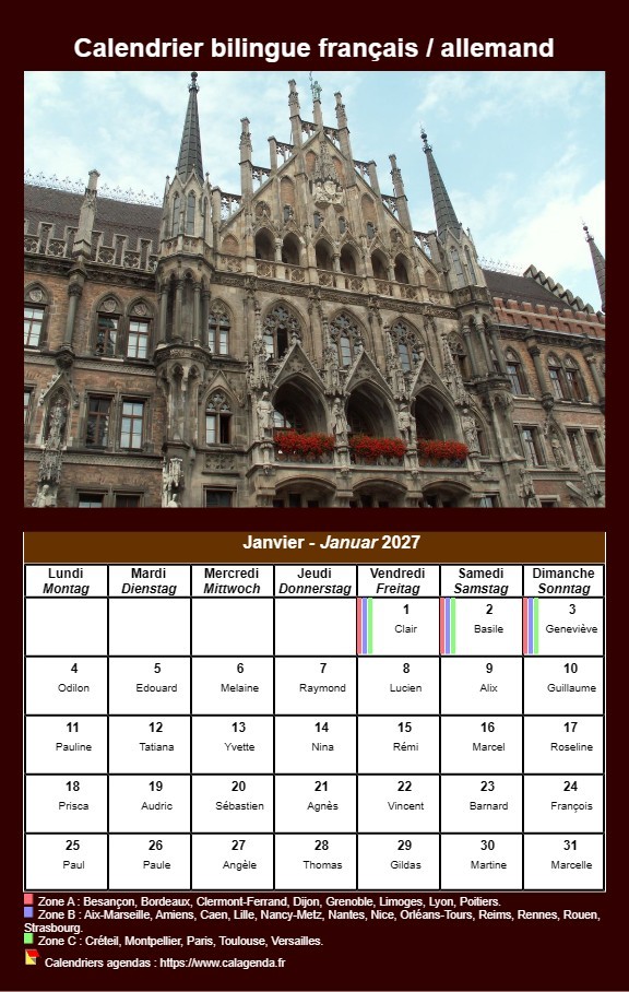 Calendrier mensuel 2027 allemand