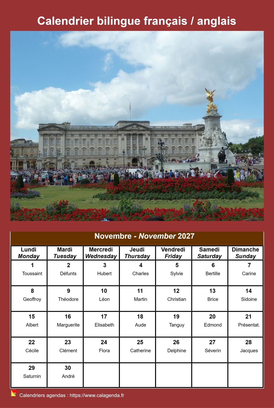 Calendrier mensuel 2027 bilingue français / anglais.