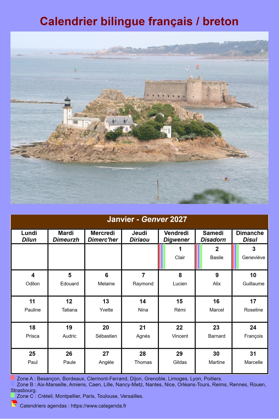 Calendrier mensuel 2027 breton