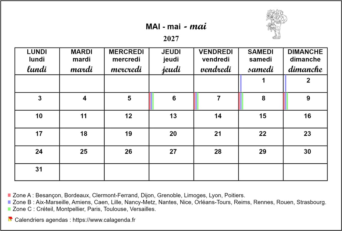 Calendrier mensuel 2027 école primaire et maternelle