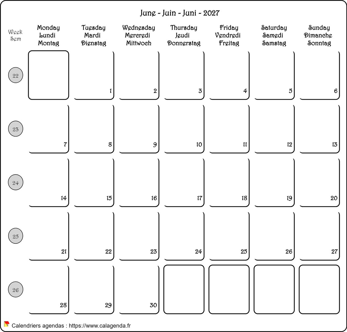Calendrier mensuel 2027 français / anglais / allemand.