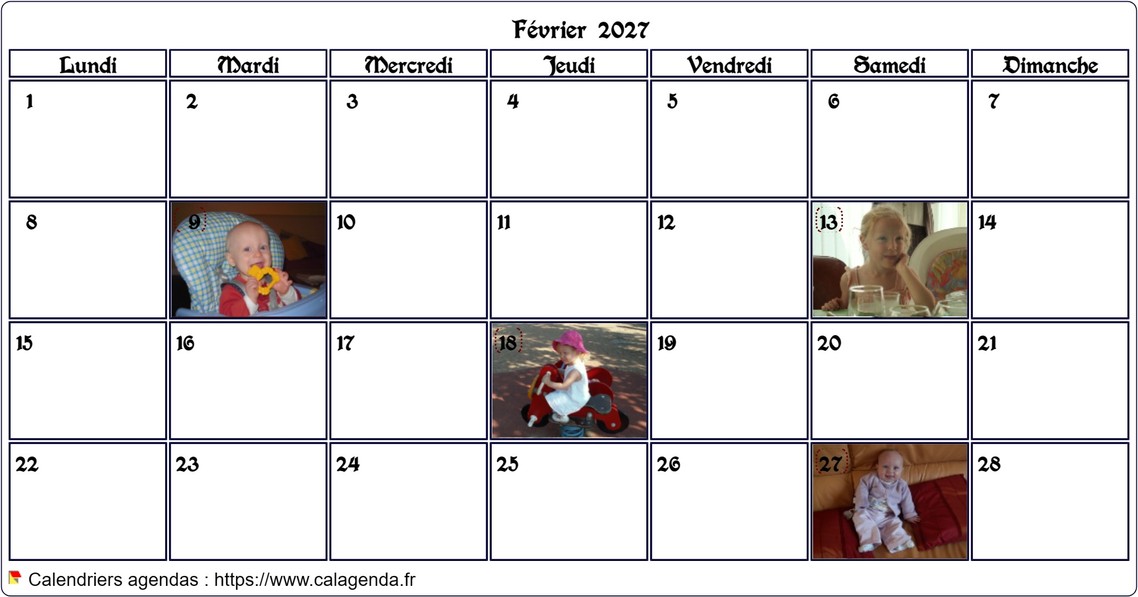 Calendrier mensuel 2027 avec photos d'anniversaires dans les cases