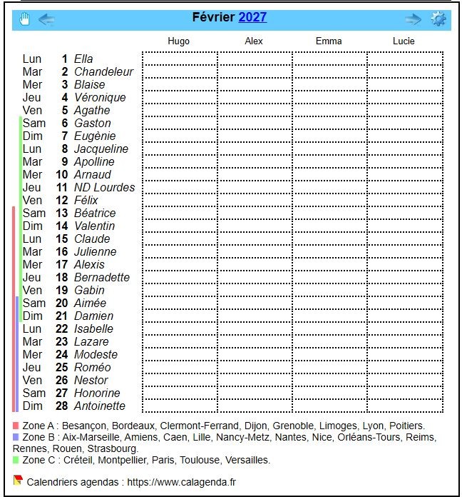 Calendrier planning mensuel 2027 avec colonnes