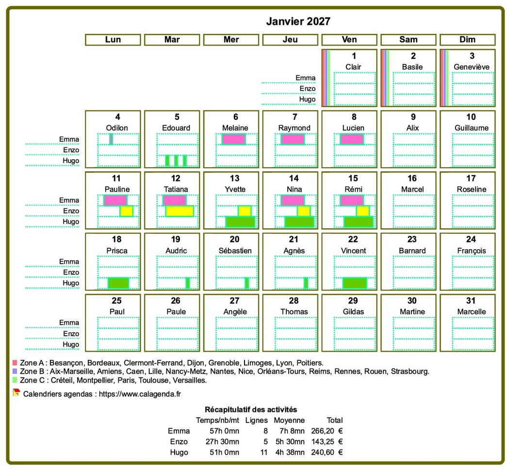 Calendrier planning mensuel détaillé