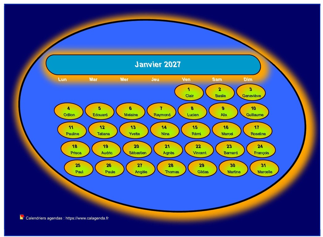 Calendrier mensuel 2027 style soucoupe volante