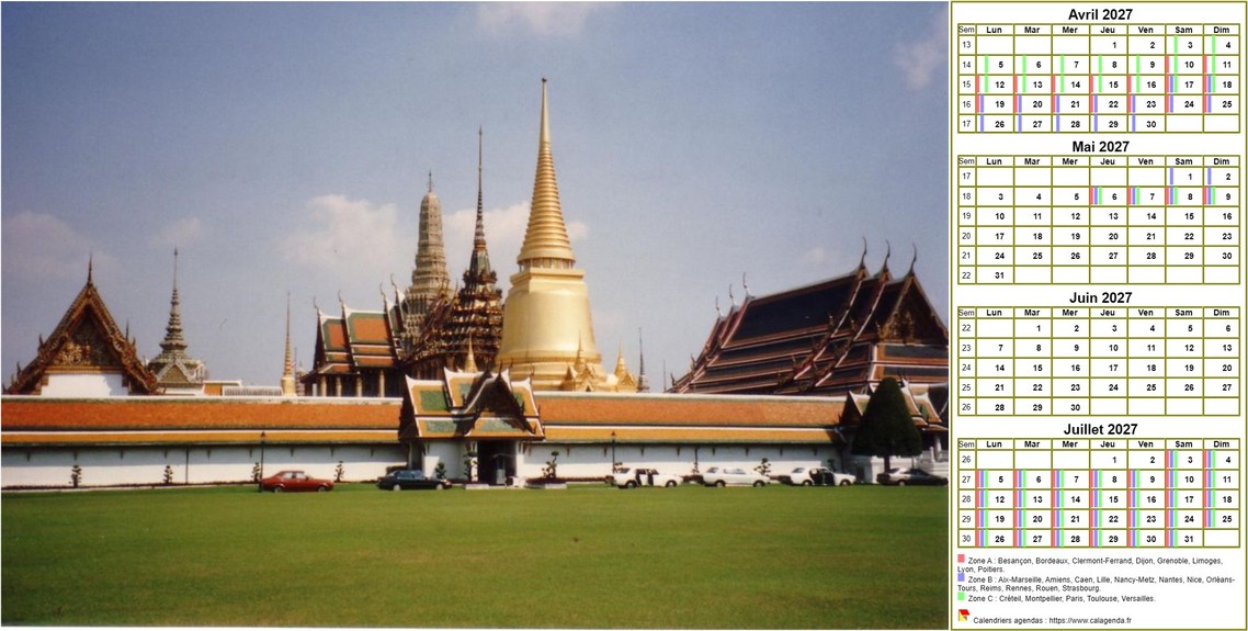 Calendrier 2027 à imprimer de quatre mois, format paysage, un tableau par mois, à droite d'une photo