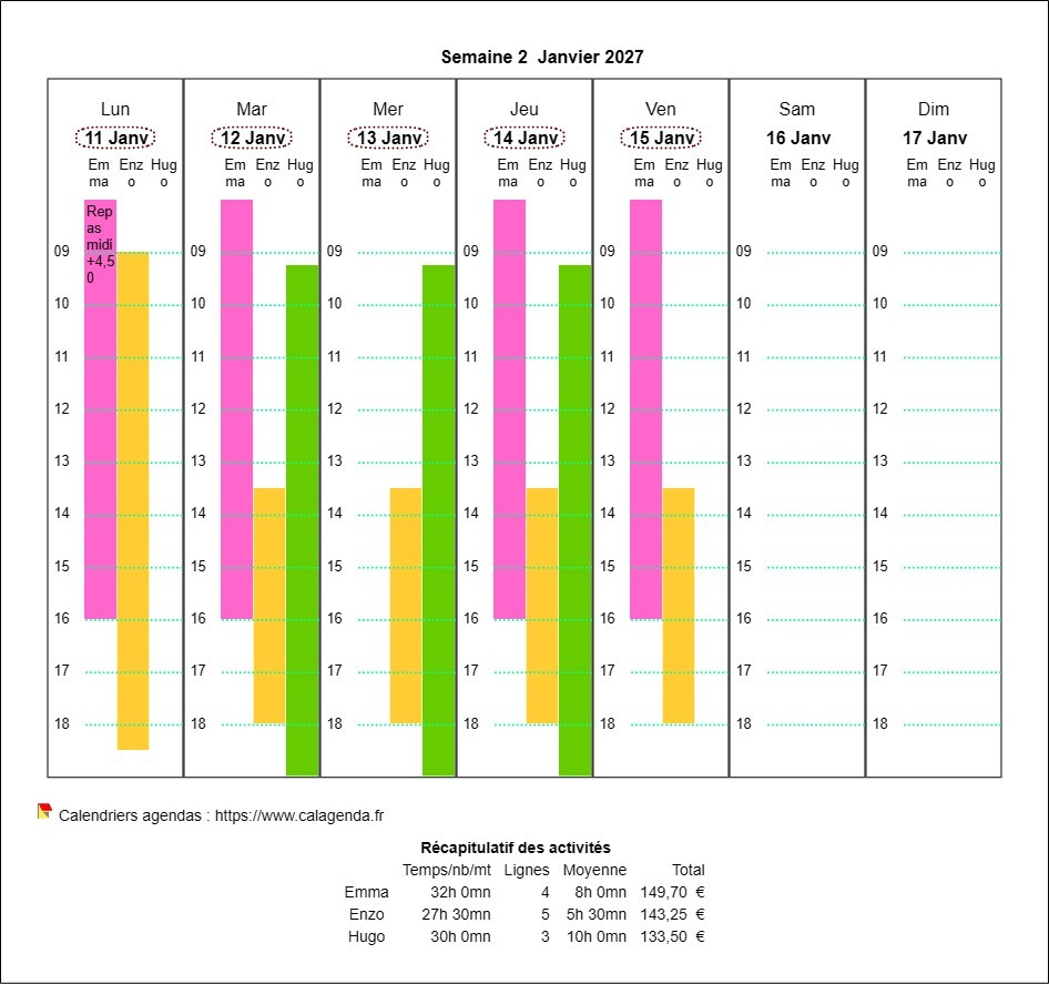 Planning assistante maternelle hebdomadaire horizontal