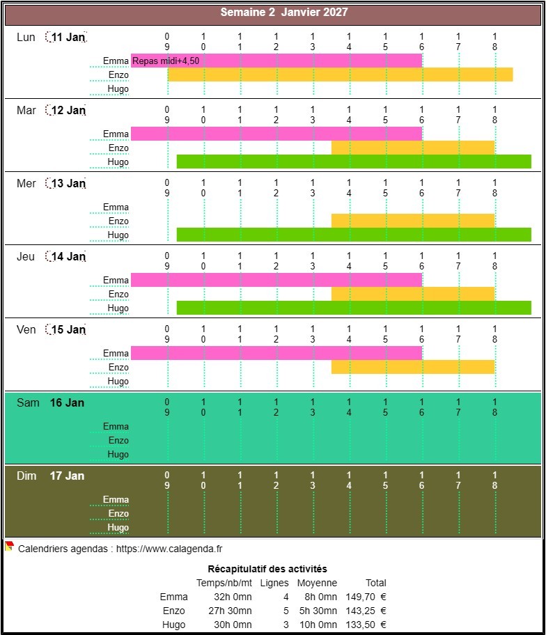 Planning assistante maternelle hebdomadaire vertical