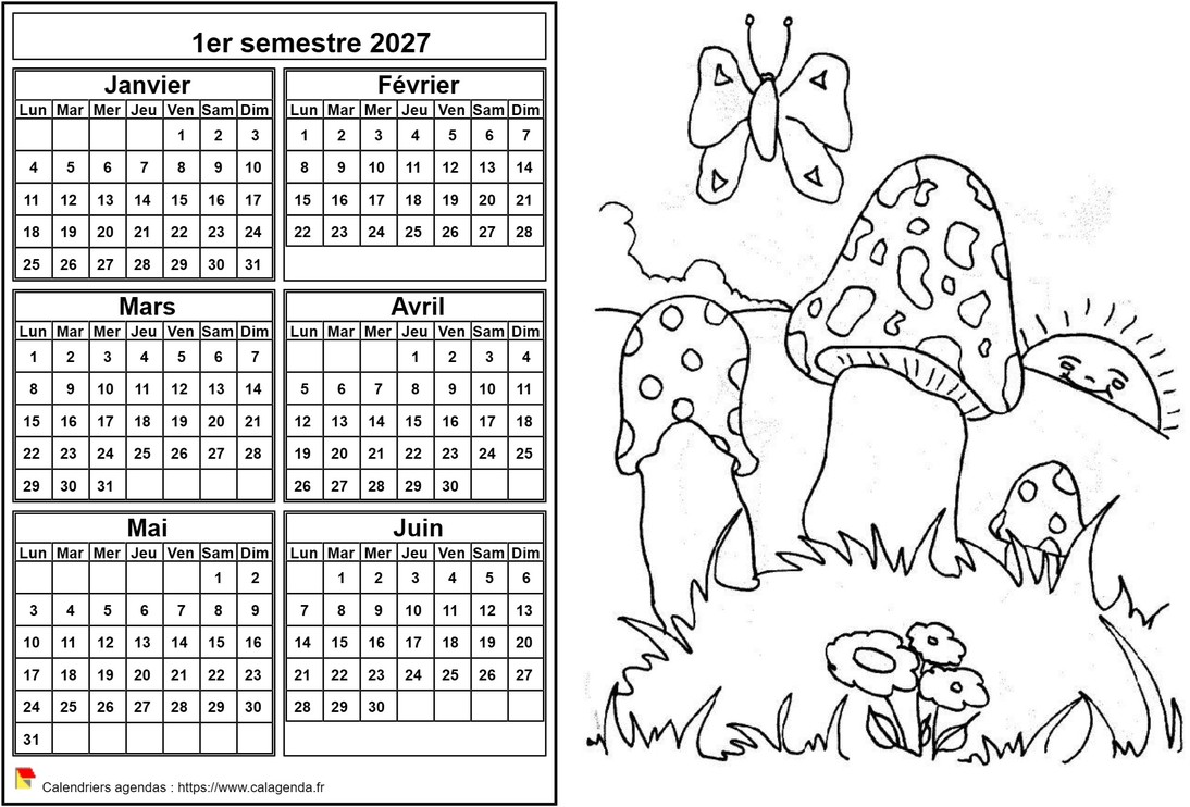 Calendrier 2027 à colorier semestriel, format paysage, pour enfants