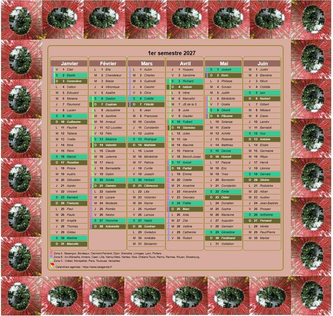 Calendrier 2027 semestriel décoratif à imprimer, avec cadre photo, format portrait, une colonne par mois