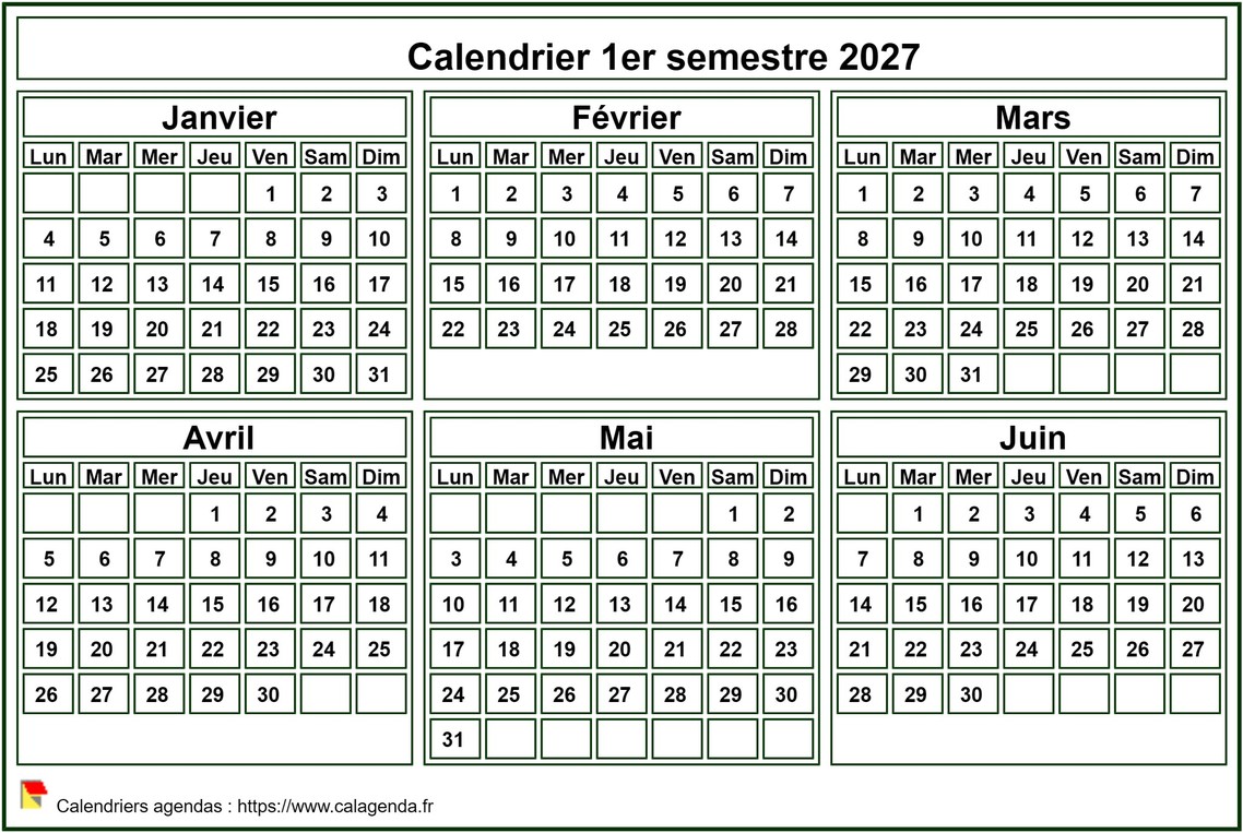 Calendrier 2027 à imprimer, semestriel, format mini de poche, fond blanc