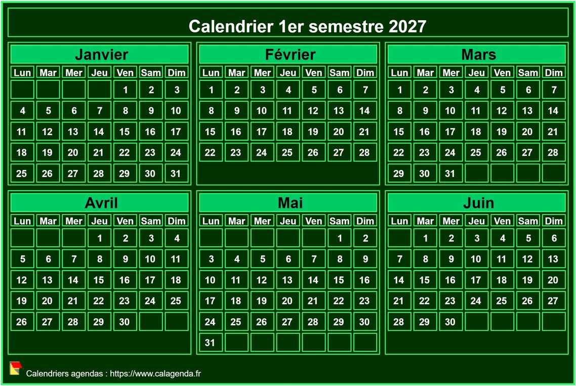 Calendrier 2027 à imprimer, semestriel, format mini de poche, fond vert